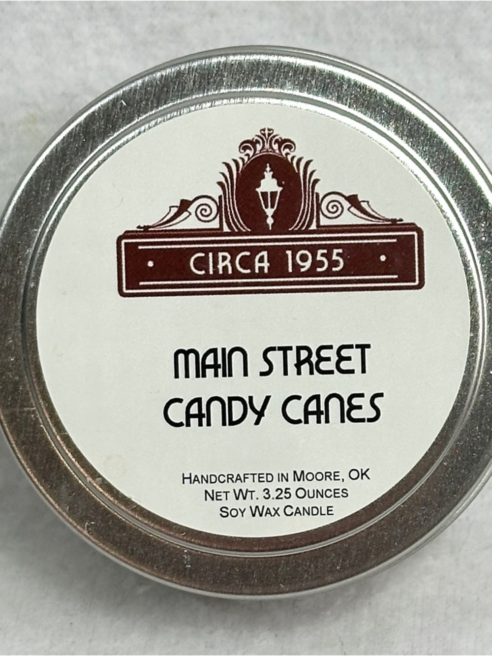 Circa 1955 Main Street Candy Canes Scented Candle 3.25 Oz Soy Wax Peppermint Tin
